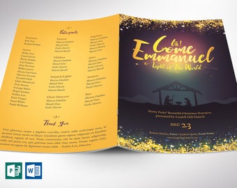 Emmanuel Kerstprogrammasjabloon - Geel Blauw | Word-sjabloon, uitgever | 4 pagina's | Tweevoudig tot 5,5x8,5 inch