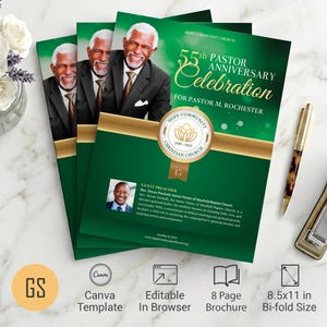 Pastor Anniversary Program Template for Canva: Green & Gold 8-Page Church Booklet (8.5x11) Digital Download