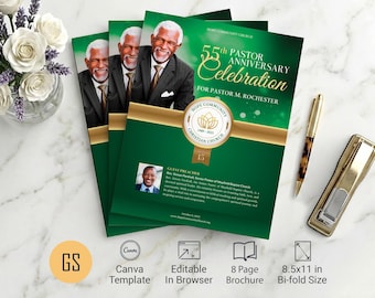 Plantilla para programa de aniversario de pastores en Canva: folleto para iglesia de 8 páginas en verde y dorado (8,5 x 11 pulgadas), descarga digital