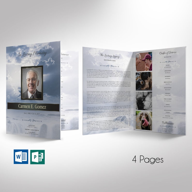 Blue Forever Tabloid Funeral Program Template for Word and Publisher, Celebration of Life, Sky Obituary Template for Men, 4 Pages 11x17 in zdjęcie 1