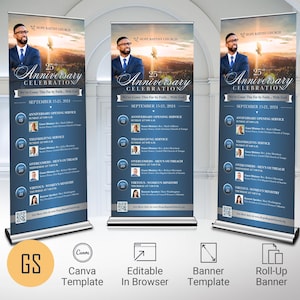 Church Anniversary Banner Template: Blue Silver Sunrise Design (32x78 inches, Canva, Digital Download