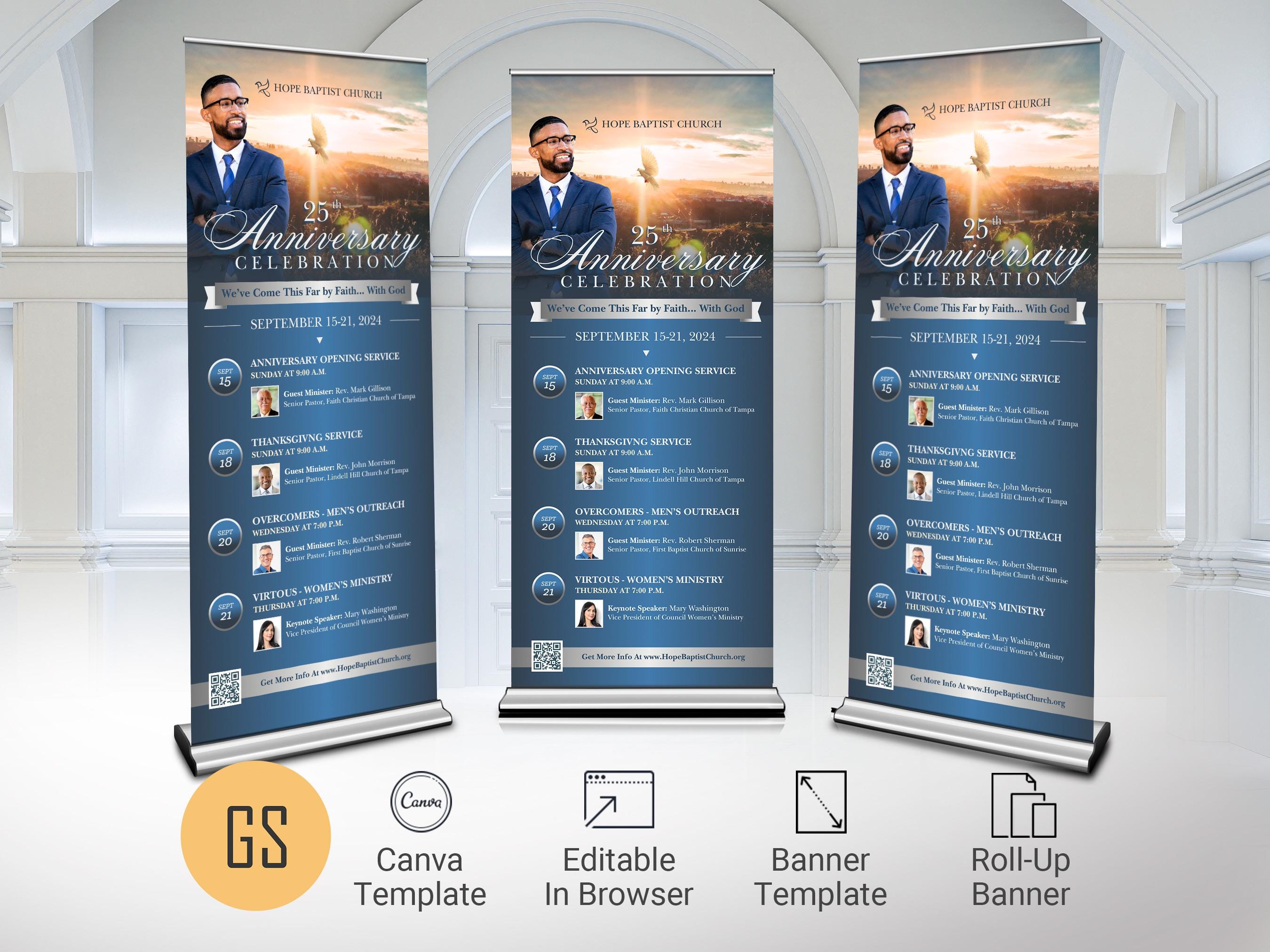 Church Anniversary Banner Template: Blue Silver Sunrise Design (32x78 inches, Canva, Digital Download