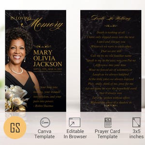 Classic Rose Funeral Prayer Card Template, Canva, Black Gold, Celebration of Life, Women's Digital Memorial Keepsake Gift Favor, 3x5"