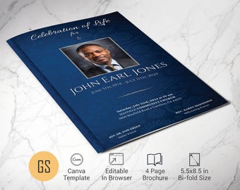 Blue & Silver Funeral Program Template | Canva, 4 Page Bifold Memorial Obituary (5.5x8.5) Digital Download
