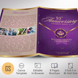 May include: A bi-fold brochure with a purple and gold design, promoting the 25th Anniversary Charity Ball. The cover features elegant gold lettering and the text "Building Bridges, Saving Lives." The brochure is 5.5 x 8.5 inches and has 8 pages.