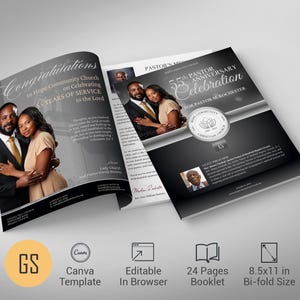 Church Souvenir Book Template: Pastor Anniversary, Black & Silver Canva Magazine (Digital Download)