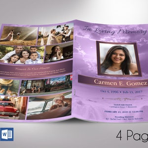 May include: A purple and brown funeral programme with a photo of a woman and the text "In Loving Memory Carmen E. Gomez Oct 4, 1996 - Feb 13, 2017" and "Lindell Hill Church Cartington Street -  Monmouth FEBRUARY 21, 2018 @ 11:00 PM Presiding Ministers Rev. Rachel Vail - Rev. Marvin Mahonchi"