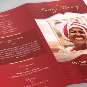 Loving Legal Trifold Funeral Program Template for Canva features gold decals and text style laid over a decorative red and golden background. The legal Print Size of 14x8.5 inches is Trifold to 4.75x8.5 inches. The celebration of life trifold program