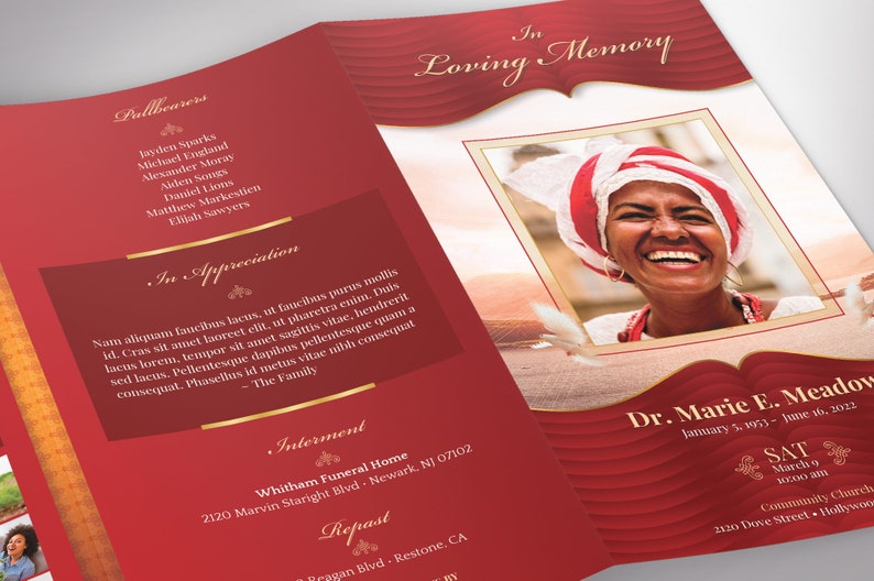 Loving Legal Trifold Funeral Program Template for Canva features gold decals and text style laid over a decorative red and golden background. The legal Print Size of 14x8.5 inches is Trifold to 4.75x8.5 inches. The celebration of life trifold program