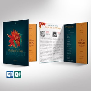 Set di modelli per programmi di gala per la festa della mamma, Word e Publisher, Tabloid verde acqua e oro, programma di banchetto stampabile, 4 pagine, pieghevole fino a 11x17 pollici