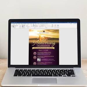 Church Anniversary Flyer Template for Word and Publisher is 5x8 inches. Purple and Gold with a landscape, sunrise and a dove are used to make this an elegant flyer. Banquet invitations and event invites are great for promoting church anniversaries