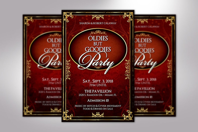 Oldies Party Flyer Template for templett.com is an editable flyer that has a rustic background with gold decals and gorgeous script text. The size is 4x6 inches and it can be used for any birthday party or event that needs a vintage appeal.