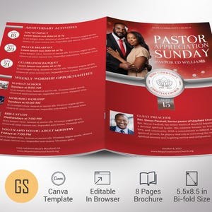 Pastor Appreciation Program Template: Red Silver Church Bulletin (Canva, 5.5x8.5&quot;)