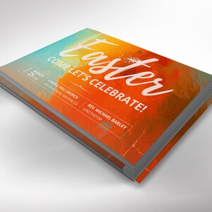 K&ouml;nnte beinhalten: Ein farbenfroher Flyer, der eine Osterfeier in der Lindell Hill Church am 25. M&auml;rz ank&uuml;ndigt. Der Flyer zeigt einen Hintergrund im Aquarellstil mit den Worten "Easter" und "Come Let's Celebrate!" in wei&szlig;er Schrift. Der Name der Kirche, die Adresse und der Name des leitenden Pastors sind ebenfalls enthalten.