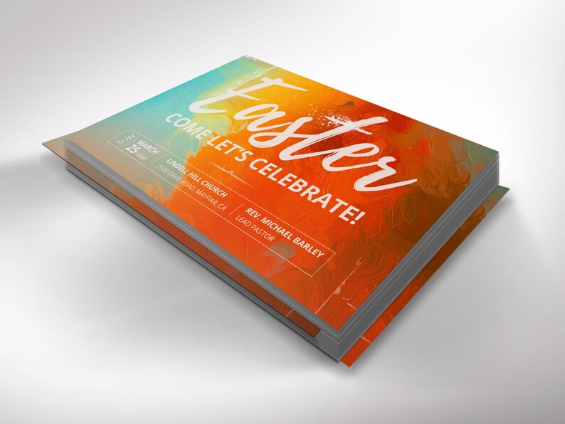 K&ouml;nnte beinhalten: Ein farbenfroher Flyer, der eine Osterfeier in der Lindell Hill Church am 25. M&auml;rz ank&uuml;ndigt. Der Flyer zeigt einen Hintergrund im Aquarellstil mit den Worten "Easter" und "Come Let's Celebrate!" in wei&szlig;er Schrift. Der Name der Kirche, die Adresse und der Name des leitenden Pastors sind ebenfalls enthalten.