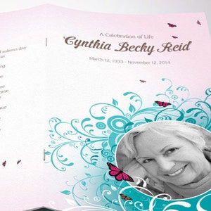 Teal Pink Funeral Program Template, Word Template, Publisher, Butterfly Celebration of Life, Obituary, 4 Pages, 5.5x8.5 in image 9