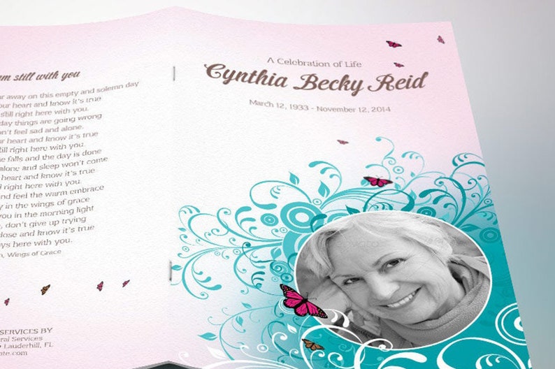 Teal Pink Funeral Program Template, Word Template, Publisher, Butterfly Celebration of Life, Obituary, 4 Pages, 5.5x8.5 in image 9