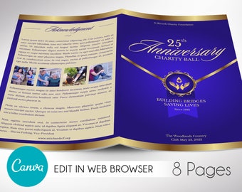Violet Gold Anniversary Gala Program Template, Canva Template, Church Anniversary, Banquet Brochure, 8 Page | 5.5x8.5 in