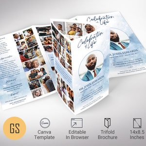 May include: A trifold funeral programme template with a blue and white watercolour background. The front cover features a photo of a man in a suit and tie. The text "Celebration of Life" is written in a cursive font. The inside pages include a photo collage, a list of pallbearers, and an appreciation section. The back cover includes the deceased's name, dates of birth and death, and funeral service information.