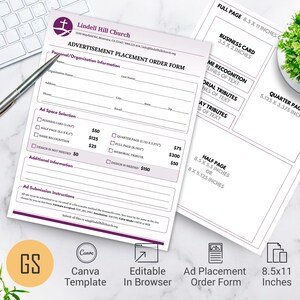 May include: An advertisement placement order form from Lindell Hill Church, with a purple logo and text. The form includes sections for personal information and ad space selection, with options for business cards, half pages, and full pages. The image also shows a keyboard, pen, and a small plant.