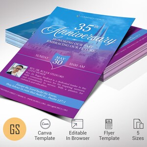 Modèle de Flyer d&#39;anniversaire d&#39;église : faire-part sur toile bleu et magenta (téléchargement numérique)