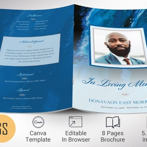 Blue Marble Funeral Program Template for Canva has 8 Pages. A modern Celebration of Life bi-fold brochure that has blue and brown decals laid over a decorative blue marble background. The Print Size of 11x8.5 inches is Bi-fold to 5.5x8.5 inches.