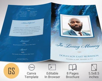 Blue Marble Funeral Program Template, Canva Template, Celebration of Life, In Loving Memory, 8 Pages, 5.5x8.5 inch
