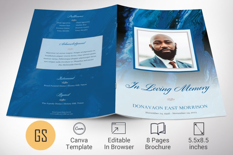 Blue Marble Funeral Program Template for Canva has 8 Pages. A modern Celebration of Life bi-fold brochure that has blue and brown decals laid over a decorative blue marble background. The Print Size of 11x8.5 inches is Bi-fold to 5.5x8.5 inches.