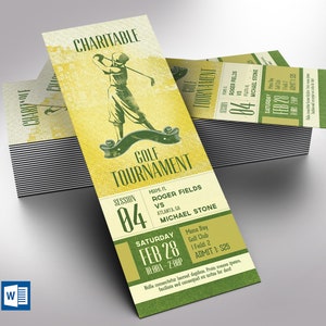 Wohltätiges Golf-Turnier Ticket Vorlagen-Set, Word und Verlag, Grün und Gelb, Sportticket für den Golf-Turnier, Größe 2×6
