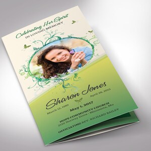 Green Princess Trifold Funeral Program Template Word Template, Publisher Green Beige, Celebration of Life, Memorial Service 11x8.5 in image 2