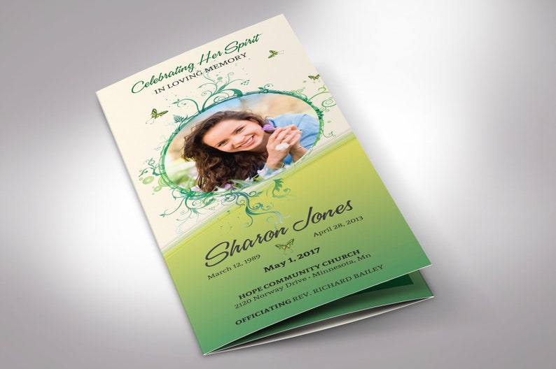 Green Princess Trifold Funeral Program Template Word Template, Publisher Green Beige, Celebration of Life, Memorial Service 11x8.5 in image 2