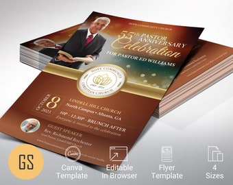 Pastor Anniversary Flyer Template, Canva Template - Gold Bronze | Pastor Appreciation Flyer, Banquet Invitation, 4 Sizes