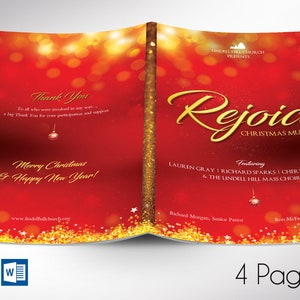 Pode incluir: Um programa musical de Natal vermelho e dourado com o título "Rejoice" e o texto "Tindell Hill Church Presents". O programa apresenta uma apresentação musical de Lauren Gray, Richard Sparks, Cheryl Stevens e o coro de massa de Tindell Hill. O programa também inclui os nomes do pastor sênior e do pastor de jovens da igreja.