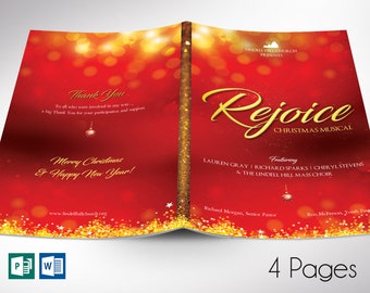 Rejoice Christmas Program Template: Red & Gold Church Musical Bulletin (Canva, 5.5x8.5" Digital Download)