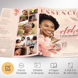 Plantilla de Canva para programa funerario en beige, esencia floral beige y rosa, 4 páginas, estilo revista, celebración de la vida, obituario para mujeres, 14 x 21 cm