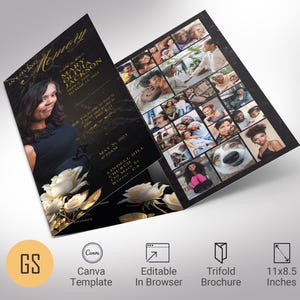 Può includere: Modello di programma funebre a tre pieghe nero e oro con un collage di foto sul lato destro e una foto di una donna con rose bianche sul lato sinistro. Il testo "In Loving Memory" è scritto in caratteri dorati nella parte superiore del lato sinistro. Il testo "Mary Olivia Jackson" è scritto in caratteri dorati sotto la foto della donna. Il testo "May 20, 2023" è scritto in caratteri dorati sotto il nome. Il testo "Lindell Hill Church" è scritto in caratteri dorati sotto la data. Il testo "130 Main St.  Wilshire, CA" è scritto in caratteri dorati sotto il nome della chiesa.