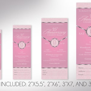 Pink Silver Anniversary Gala Ticket Template for Canva has 4 Sizes, 2x5.5, 2x6, 3x7, and 3.5 x 8.5 inches. It features a pink background with silver decals. The banquet ticket template is for any anniversary fundraiser event that has an elegant theme