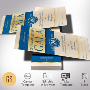 May include: A stack of event tickets with a blue and gold design. The tickets read "25th Anniversary Gala" and include the date "May 08". The tickets are for the "Angels Ministry" event.