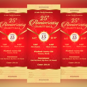 Red Gold Anniversary Banquet Ticket Template for Word and Publisher is 3x7 inches.  It features a deep red background and is highlighted with gold. Sections are included for perforation and numbering. This anniversary banquet ticket is for events