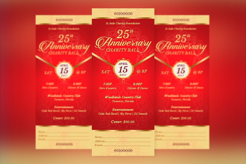 Red Gold Anniversary Banquet Ticket Template for Word and Publisher is 3x7 inches.  It features a deep red background and is highlighted with gold. Sections are included for perforation and numbering. This anniversary banquet ticket is for events