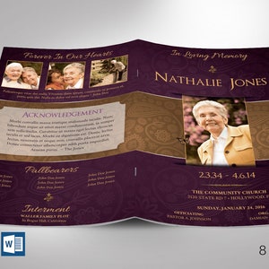 Royal Funeral Program Template, Purple Gold | Word Template, Publisher | Celebration of Life | 8 Pages | 5.5x8.5 inches