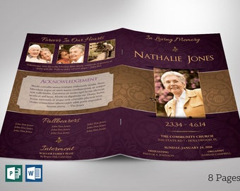 Royal Funeral Program Template, Purple Gold | Word Template, Publisher | Celebration of Life | 8 Pages | 5.5x8.5 inches