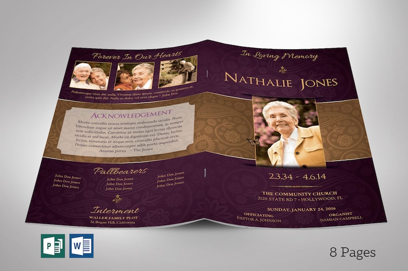 Royal Funeral Program Template, Purple Gold Word Template, Publisher Celebration of Life 8 Pages 5.5x8.5 inches image 1