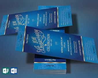 Blue Gold Church Anniversary Ticket Template | Word Template, Publisher | Pastor Anniversary, Church Event | Size 3x7 in