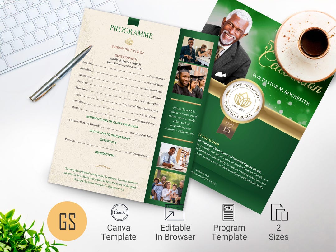 Pastor Appreciation Program Template Green Gold Church Event Canva