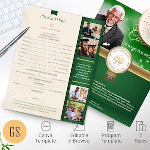 Plantilla para programa de reconocimiento de pastores para Canva, oro verde, aniversario de la iglesia comunitaria, instalación del pastor, banquete, 2 páginas, 2 tamaños