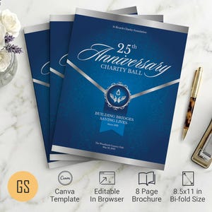 Modello di programma di gala per il 50° anniversario di matrimonio in argento blu / Canva: opuscolo per banchetto pieghevole di 4 pagine (8,5x11) download digitale