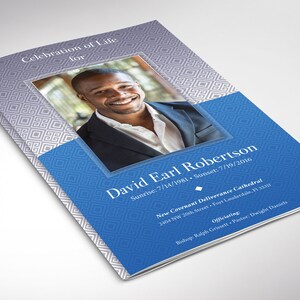 May include: A blue and gray patterned funeral program with a photo of a man smiling. The program includes the text "Celebration of Life for David Earl Robertson, Sunrise: 7/14/1981, Sunset: 7/19/2016, New Covenant Deliverance Cathedral, 2404 NW 20th Street, Fort Lauderdale, FL 33311, Officiating, Bishop Ralph Grisset, Pastor Dwight Daniels."