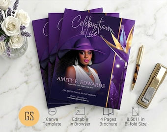 Purple Paradise Funeral Program Template: 4 Page Tabloid Bifold Memorial Obituary Canva (8.5x11) Digital Download