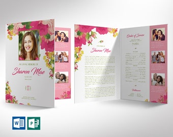 Pink Watercolor Tabloid Funeral Program Template | Word Template, Publisher | Celebration of Life | 4 Pages | 11x17 in